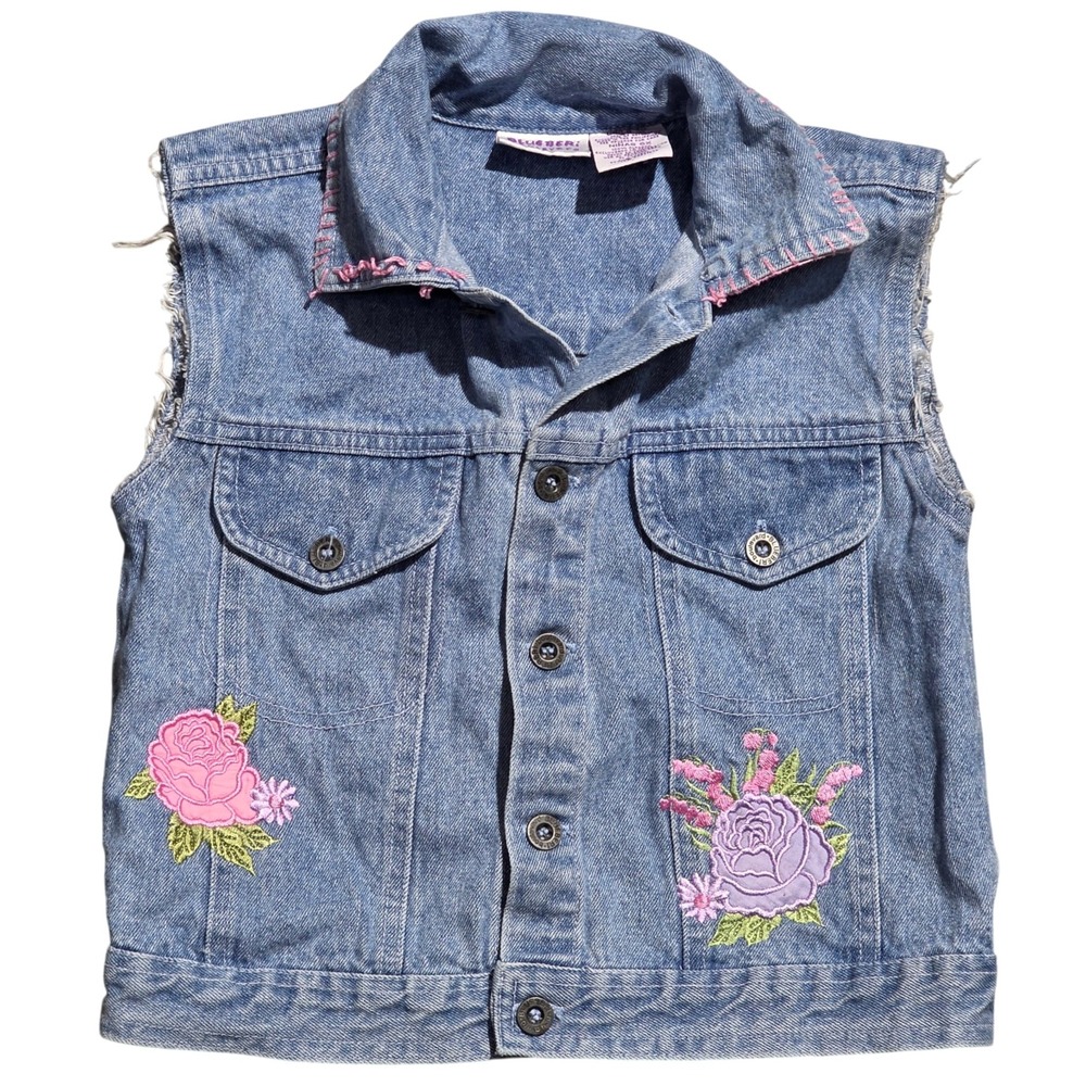 Y2K‎ Blueberi Boulevard Girls Denim Vest Floral Embroidery Pink Stitch Size 6